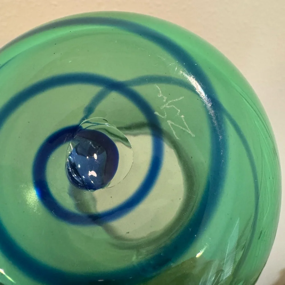 Signed Hand Blown Art Glass Green and Blue with Pontil Mark and Signature - Picture 8 of 8